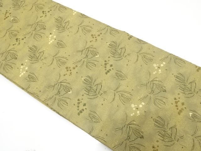 JAPANESE KIMONO / ANTIQUE MARU OBI / SILK / WOVEN FOILS & LEAVES
